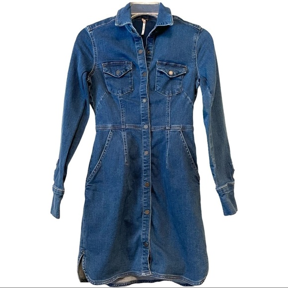 Free People Bo Long Sleeve Denim Mini Dress Button Front Size XS - Picture 14 of 16